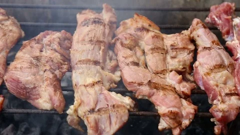 Roasted pork on barbecue grill. Stock Footage 75520800