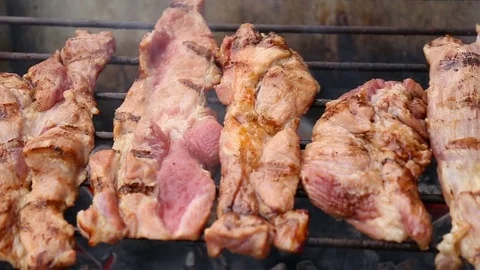 Roasted pork on barbecue grill. Stock Footage 77327058