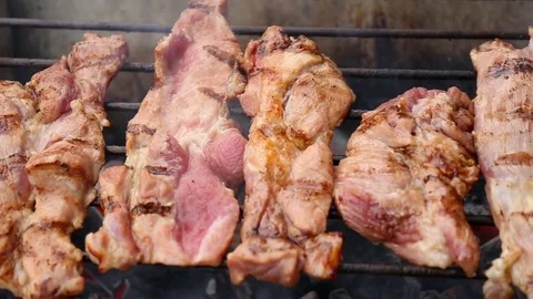 Roasted pork on barbecue grill.MVI 0026 HD Stock Footage 75523341