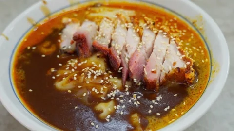 Roasted pork belly with curry mixed sweet sauce chee cheong fun Stock Footage 300778539