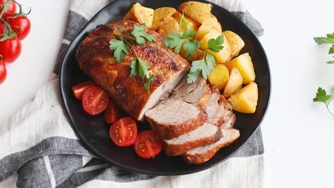 Roasted pork with potatoes. Top view Stock Footage 89753405