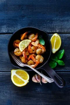 Roasted prawns in pan Stock Photos