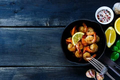 Roasted prawns in pan Stock Photos