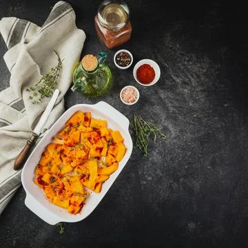 Roasted pumpkin slices with thyme Stock Photos