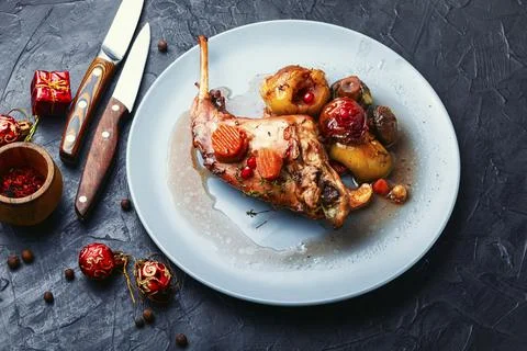 Roasted rabbit on a plate Stock Photos
