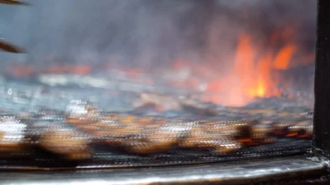 Roasted ribs spin over fire. Food aesthetics Stock Footage 117433871