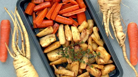 Roasted root vegetables flat lay. Stock Footage 331204769