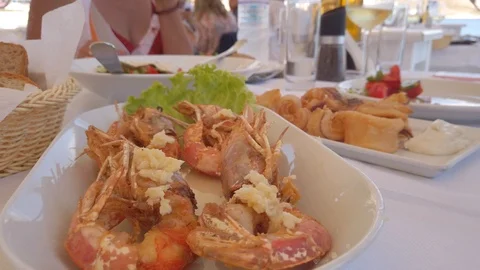 Roasted royal prawns on plate Stock Footage 124639249