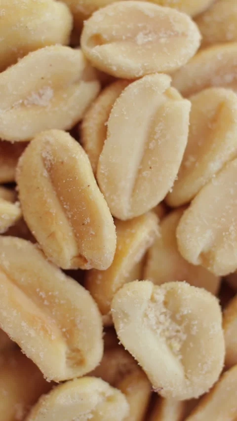 Roasted salted peanuts closeup macro revolving on a turntable. Vertical video. Stock Footage 274880251