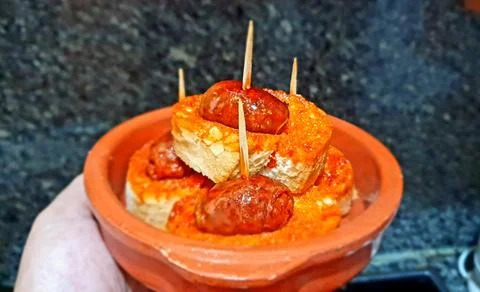 Roasted sausages with bread. Stock Photos