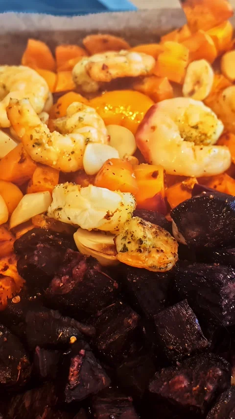 Roasted Shrimp and Vegetables with Herbs and Spices Stock Footage 336468236