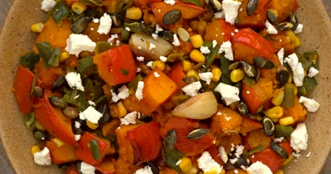 Roasted squash and green poblano pepper  salad with feta. Stock Footage 282800819