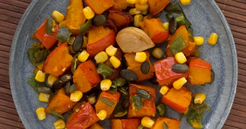 Roasted squash and green poblano pepper vegan salad. Stock Footage 282800826
