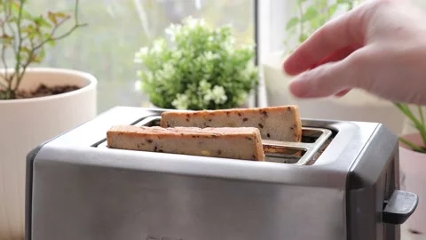Roasted Toast Bread Popping Up From Toaster On Kitchen. Stock Footage 192050171