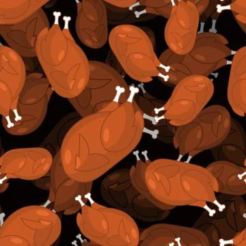 Roasted turkey 3D seamless pattern. fowl in different poses ornament. Baked c Illustration