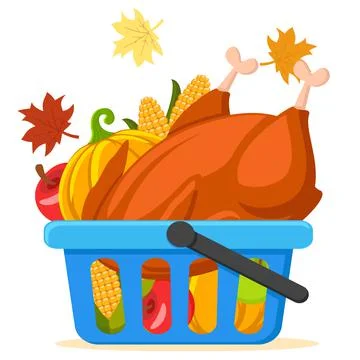 Roasted turkey bird, pumpkin and corn in a basket on a white. Thanksgiving da Stock Illustration