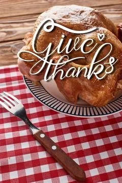 Roasted turkey fork served red Stock Photos
