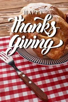 Roasted turkey fork served red Stock Photos