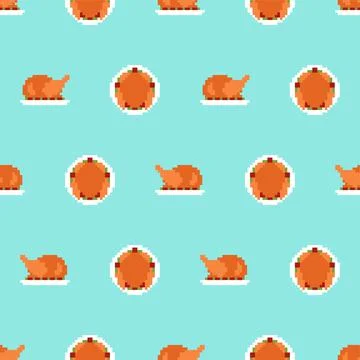 Roasted Turkey pixel art pattern seamless. pixelated Roast background. 8 bit  Stock Illustration