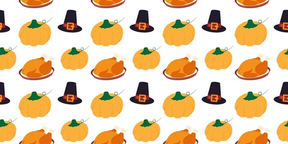 Roasted Turkey on plate Pilgrim Hat Pumpkins Seamless Pattern Banner Format Stock Illustration