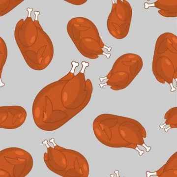 Roasted turkey seamless pattern. fowl in different poses ornament. Baked chic Stock Illustration