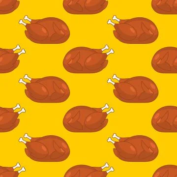Roasted turkey seamless pattern. fowl in different poses ornament. Baked chic Stock Illustration
