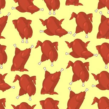 Roasted turkey seamless pattern. fowl in different poses ornament. Baked chic 스톡 일러스트