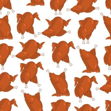 Roasted turkey seamless pattern. fowl in different poses ornament. Baked chic Stock Illustration