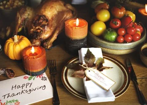 Roasted Turkey Thanksgiving Table Setting Concept Stock Photos