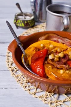 Roasted vegetables with bacon Stock Photos