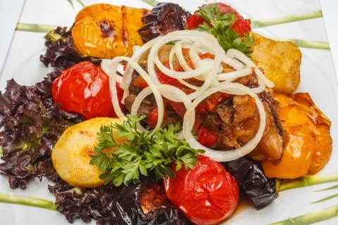 Roasted vegetables with meat 库存照片