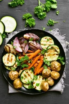 Roasted vegetables, top view 스톡 사진