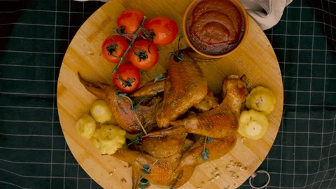 Roasted Whole Chicken Served on Elegant Platter Stock Footage 143113826