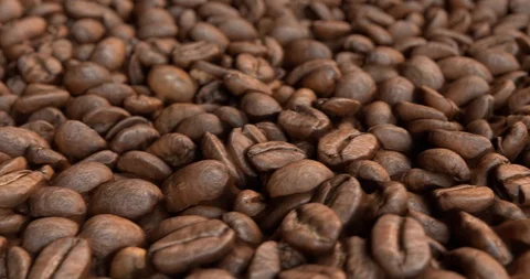 Roasted whole Coffee Beans close up camera moving over Stock Footage 91232556