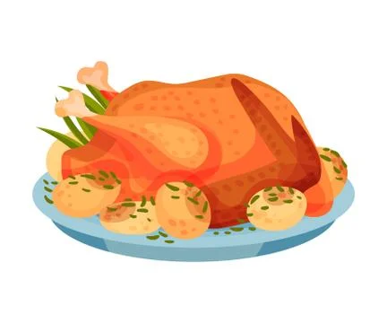 Roasted Whole Round of Turkey or Chicken Served on Plate with Potato Vector Stock Illustration