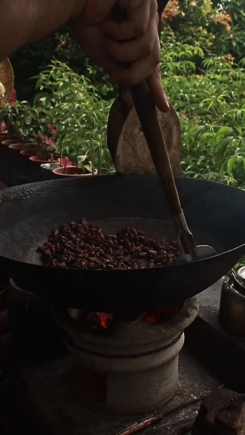 Roasting cocoa seeds on a kawa or cauldron Stock Footage 251727770