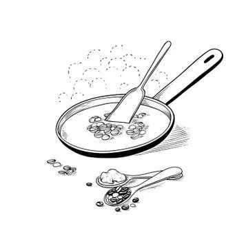 Roasting coffee beans in pan to prepare hot flavored drink. Vector sketch Stock Illustration
