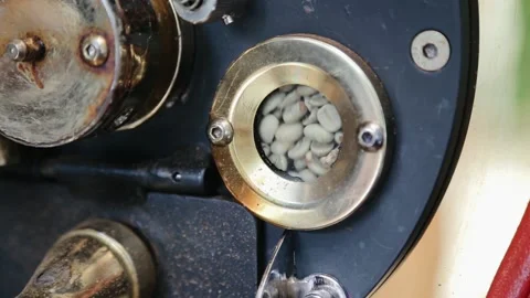 Roasting coffee beans at the roaster. Coffee beans are spinning in a machine. Stock Footage 134680994