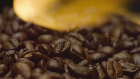 Roasting coffee beans in rotation. Circular filming of coffee beans on fire. Stock Footage 303634572
