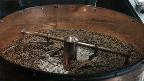 Roasting Coffee Beans Whirling Mixed On Cooling Unit Platform In A Manufacturing Stock Footage 96038751
