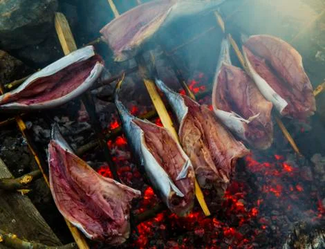 Roasting fish on fire Stock Photos