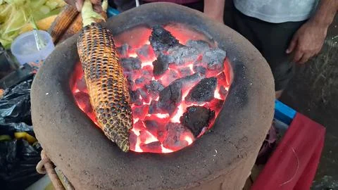Roasting fresh raw corn over a coal fire Stock Photos