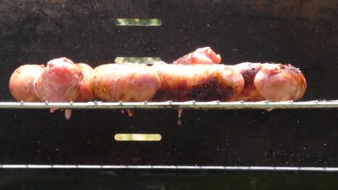 Roasting of Grilled Sausages Stock Footage 107796162