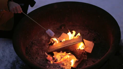 Roasting marhsmellow on Stick in Camp Fire in winter Stock Footage 233266791
