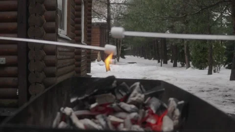 Roasting marshmallows on a barbecue grill at a winter forest camp Stock Footage 328231682