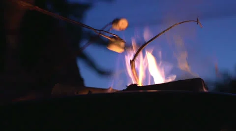 Roasting marshmallows at camp fire Stock Footage