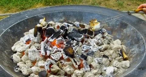 Roasting marshmallows in a fire pit on a warm summer evening Stock-Footage 91839316