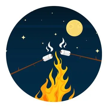 Roasting marshmallows over a campfire under a starry night sky with a full mo Ilustração Stock