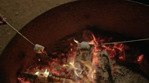 Roasting Marshmallows over the Fire Pit At Night Stock Footage 116441492