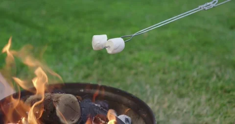 Roasting marshmallows over a fire pit in a backyard Stock Footage 314298456